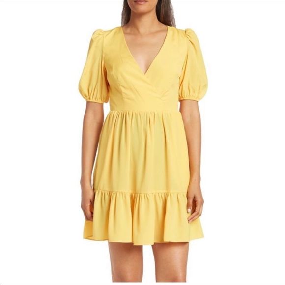 Eliza J Surplice Neck Puff Sleeve Fit & Flare Dress Yellow size 12 NWT - Picture 2 of 13